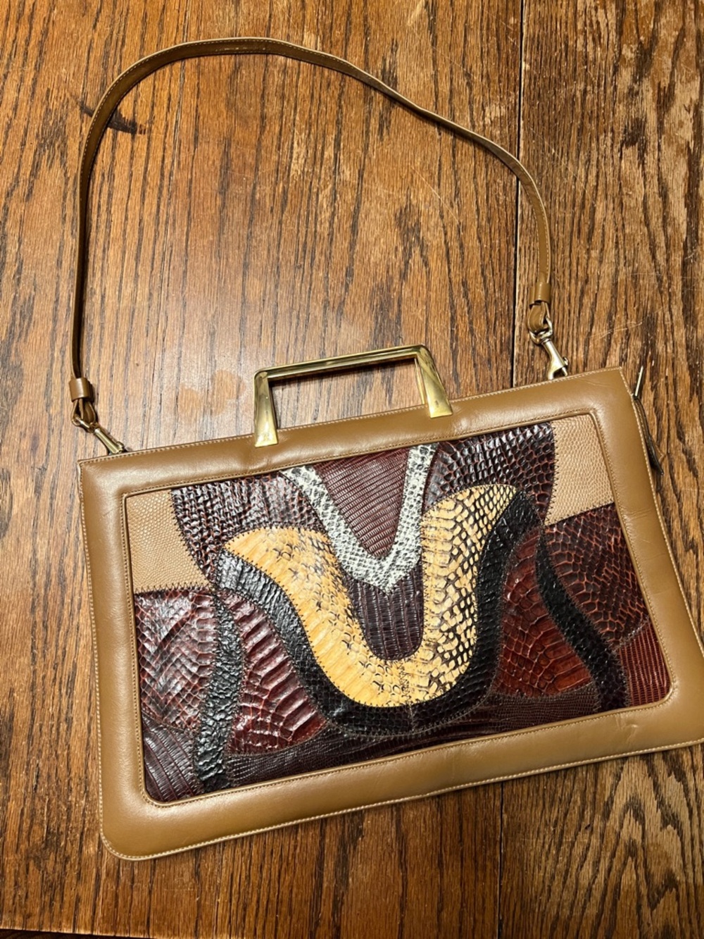 Vintage Caprice 1970’s Tan Leather Satchel with Multicolor Snakeskin Accent